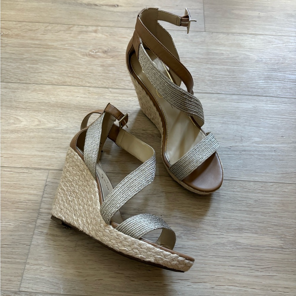 LIKE NEW: Jessica Simpson Joseppa 2 Tan Wedge Heels Size 9 With Box
